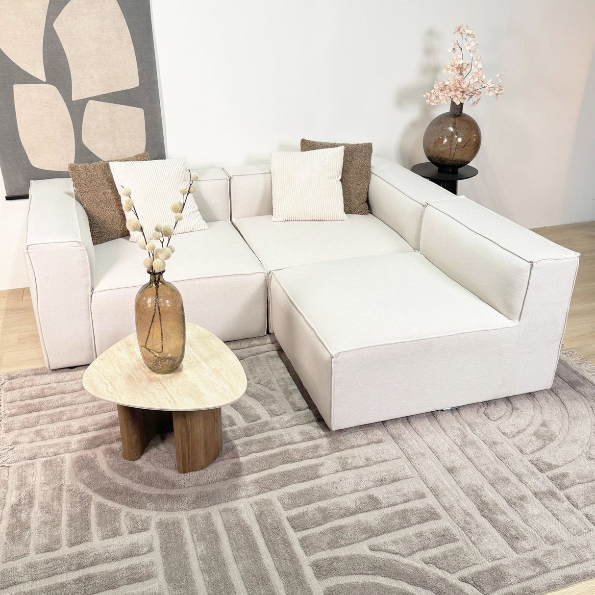 Modulares Ecksofa mit losen Hockern ecru-beige Leinenstoff Fora - links 