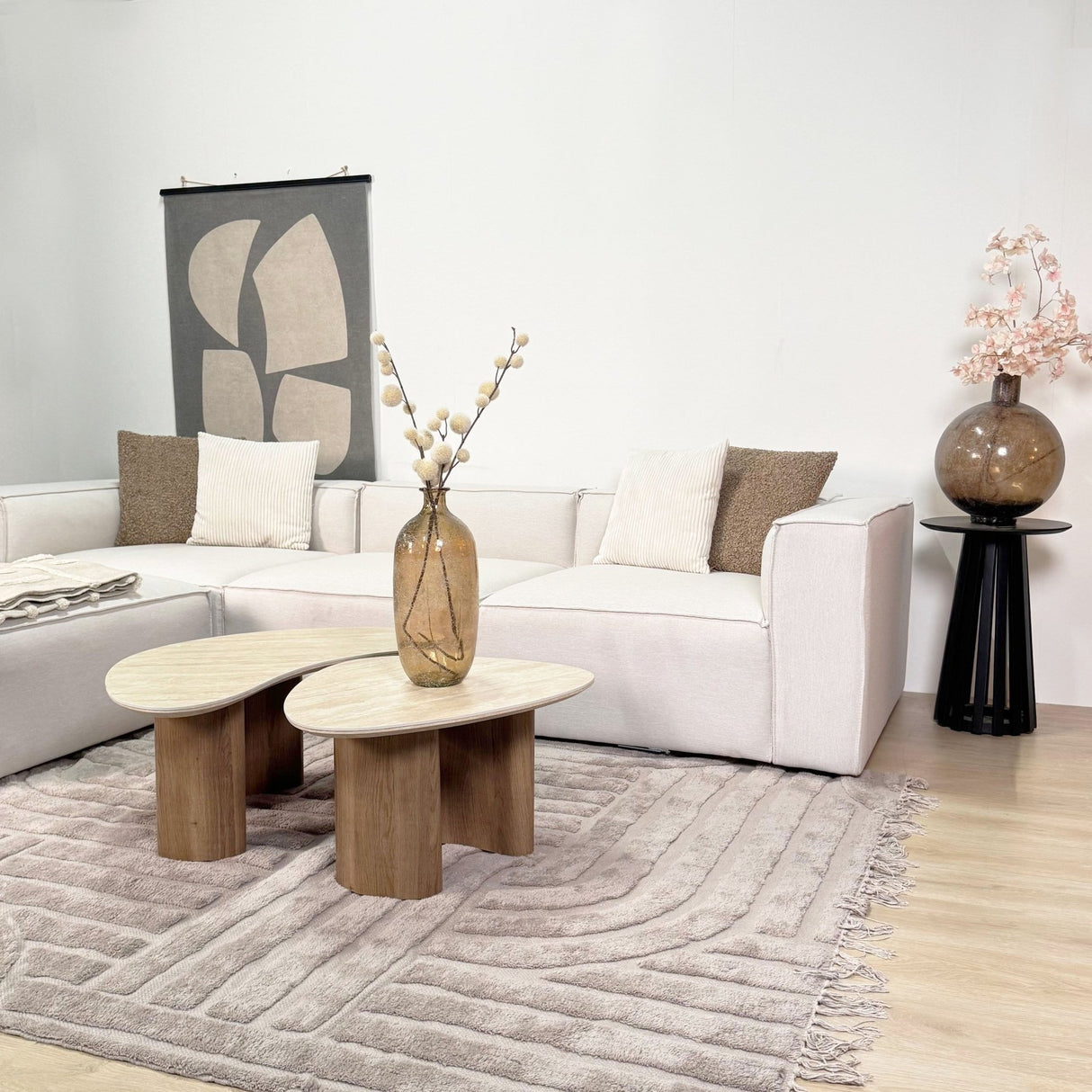 Modulares Ecksofa mit losen Hockern ecru-beige Leinenstoff Fora - links 