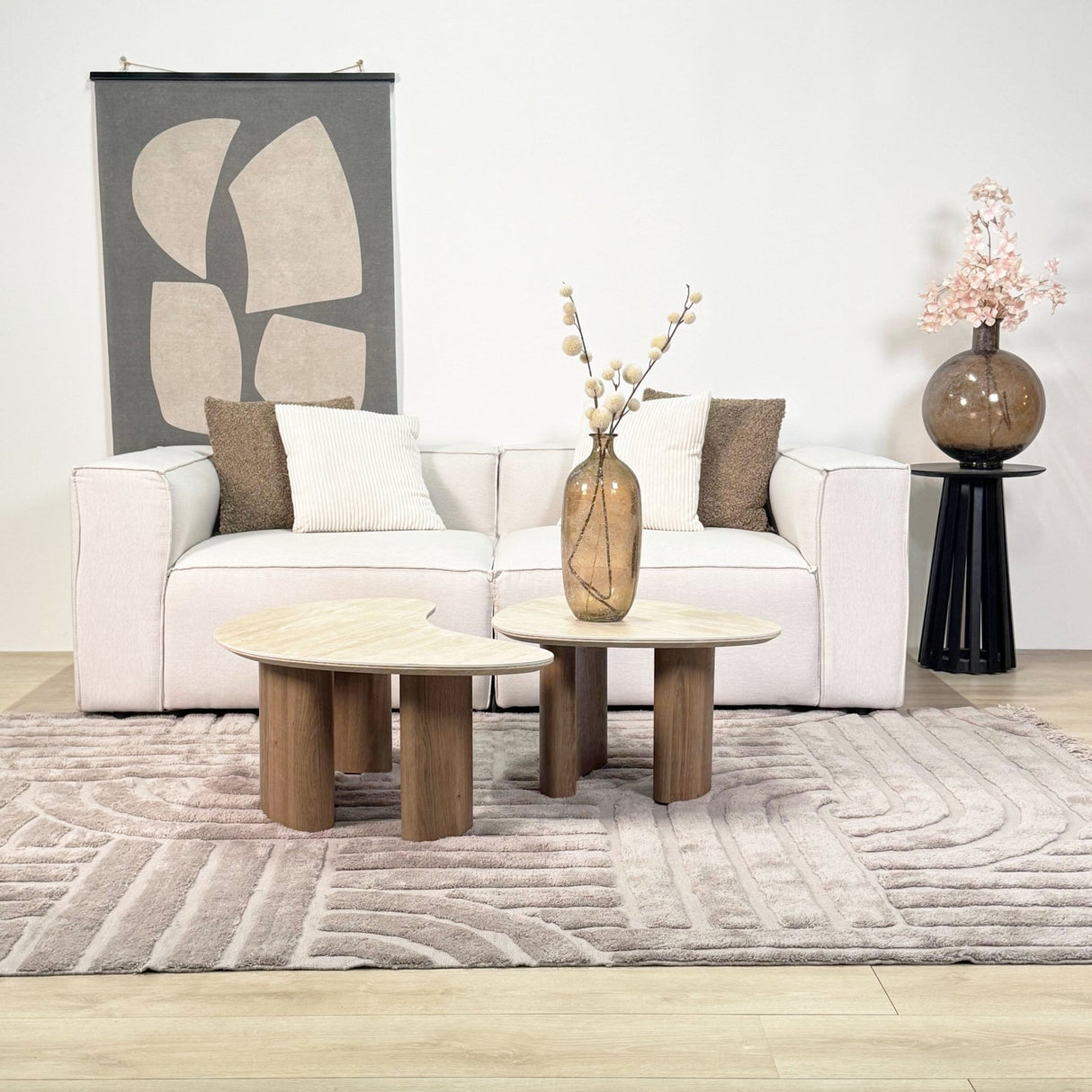 Couchtisch Set von 2 Jimi Travertinplatte mit Walnussgestell 