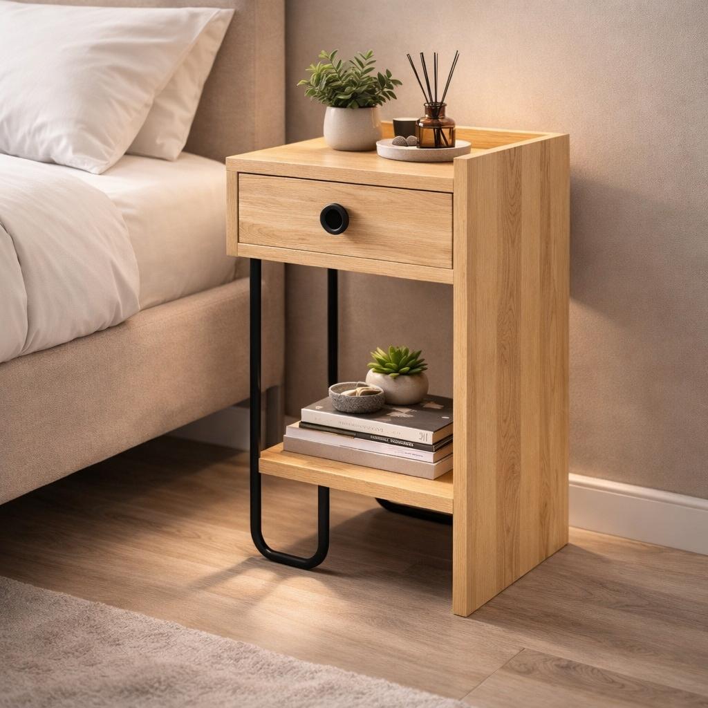 Nachtkastjes - Nachtkastje Eik Melamine - Met lade - Rechts - 32x61x30 cm - Sirius - Dimehouse