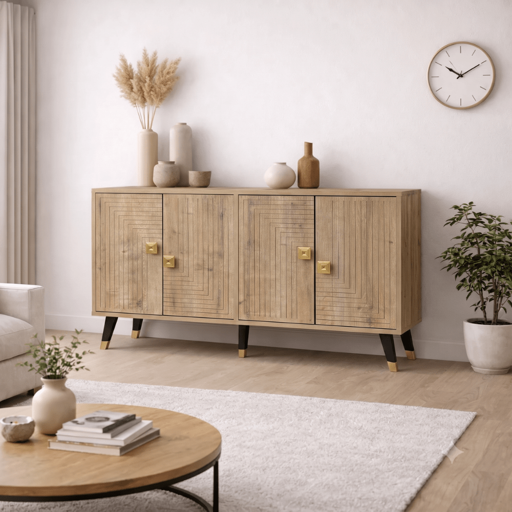 Ahart Konsole Eichenoptik mit Gold 120 cm – Dimehouse
