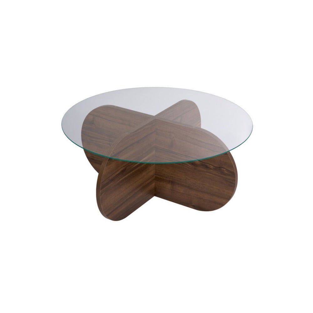 Couchtische-Runder Couchtisch Aris Nussbaum Melamin und transparentes Glas 75 cm-Dimehouse