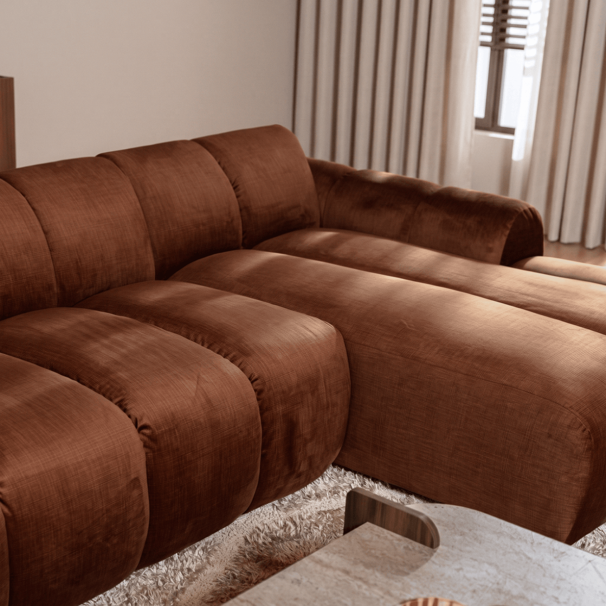 Banken-Ecksofa mit Lounge-Käufer Samt Strukturstoff - Streifen - rechts - Brix-Dimehouse