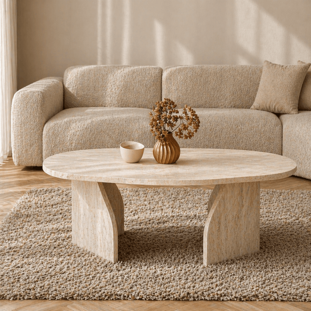 Bio Couchtisch Travertin Melamin Japandi – 105 x 65 cm – Regal – Dimehouse