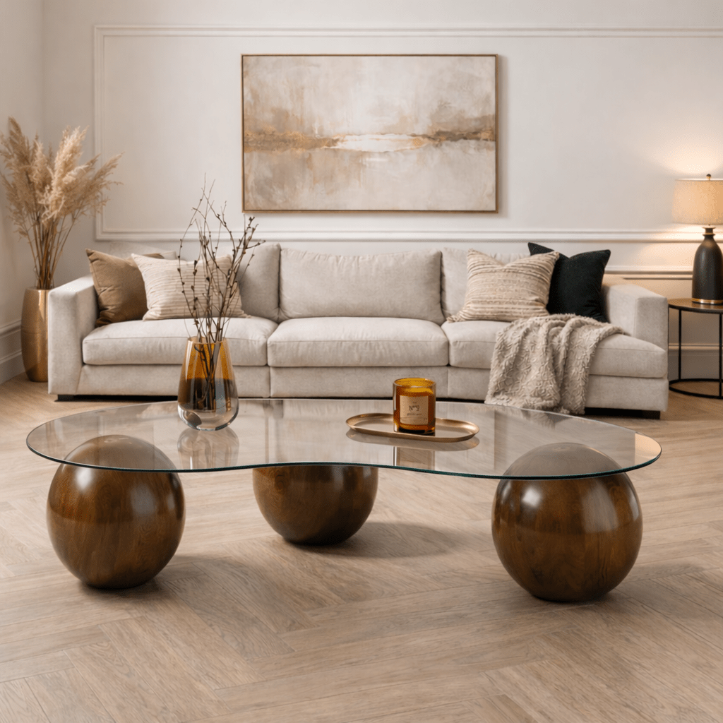 Salontafels - Organische salontafel transparant glas walnoot bolpoten Sphere 120x70 cm - Dimehouse