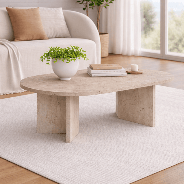 Salontafels - Ovale salontafel travertin melamine - Japandi - 119x60 cm - Sota - Dimehouse