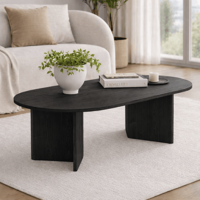 Ovaler Couchtisch aus schwarzem Melamin – Japandi – 119 x 60 cm – Sota – Dimehouse