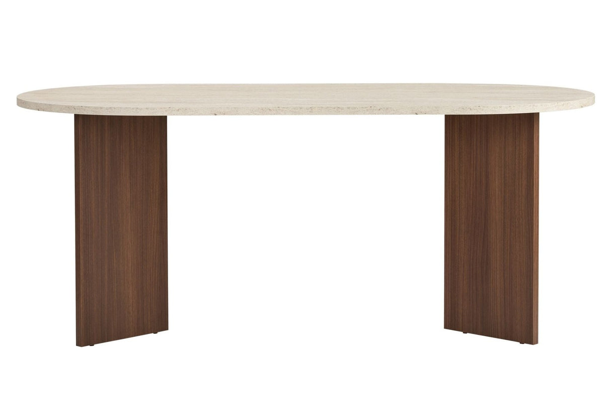 Ovaler Esstisch mit Travertinplatte – Walnuss-Melamin – 180 x 89,5 x 75 cm – Sota