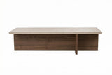 witfoto van rechthoekige salontafel travertinlook tafelblad met walnoot look frame