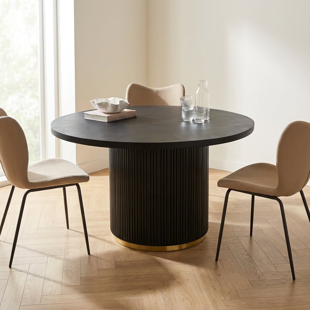 Ronde Eettafel Zwart Elora Mangohout met Gouden Detail sfeerfoto in modern interieur