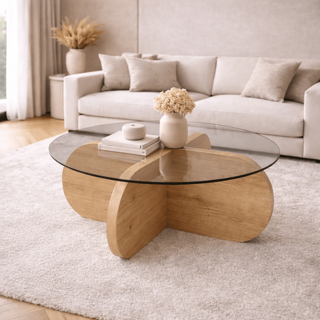 Runder Couchtisch Aris, Melamin in Eichenoptik und transparentes Glas, – Dimehouse