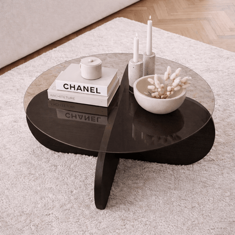 Runder Couchtisch Aris aus schwarzem Melamin und Rauchglas 75 cm