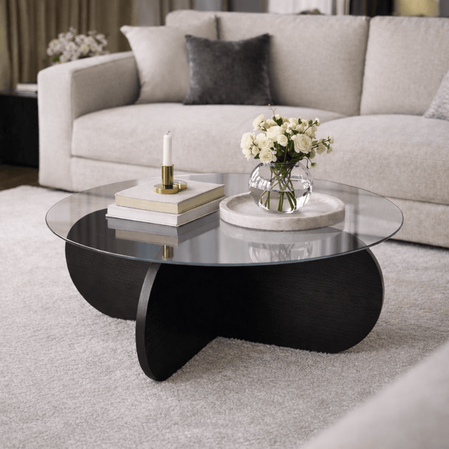 Runder Couchtisch Aris aus schwarzem Melamin und transparentem Glas, 7 – Dimehouse