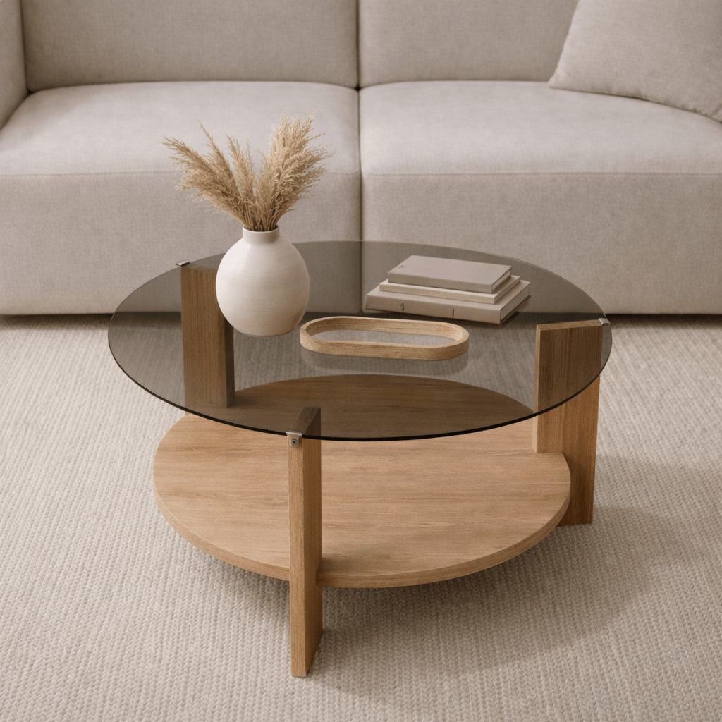 Runder Couchtisch Eiche Melamin Rauchglas Ø75 cm
