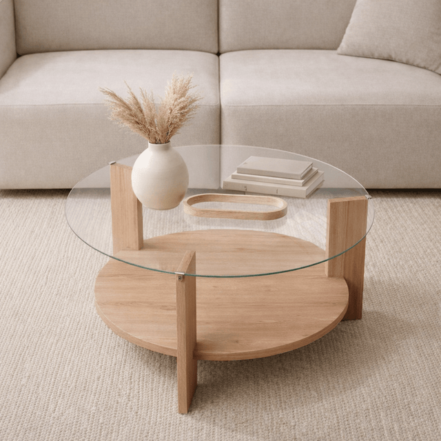 Runder Couchtisch aus Eiche, Melamin, transparentes Glas, Ø75 cm – Kai – Dimehouse