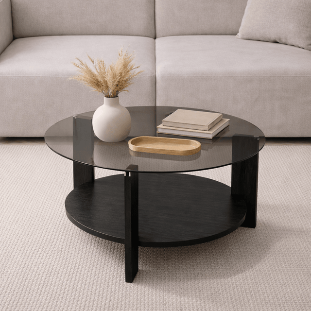 Runder Couchtisch schwarz Melamin Rauchglas Ø75 cm