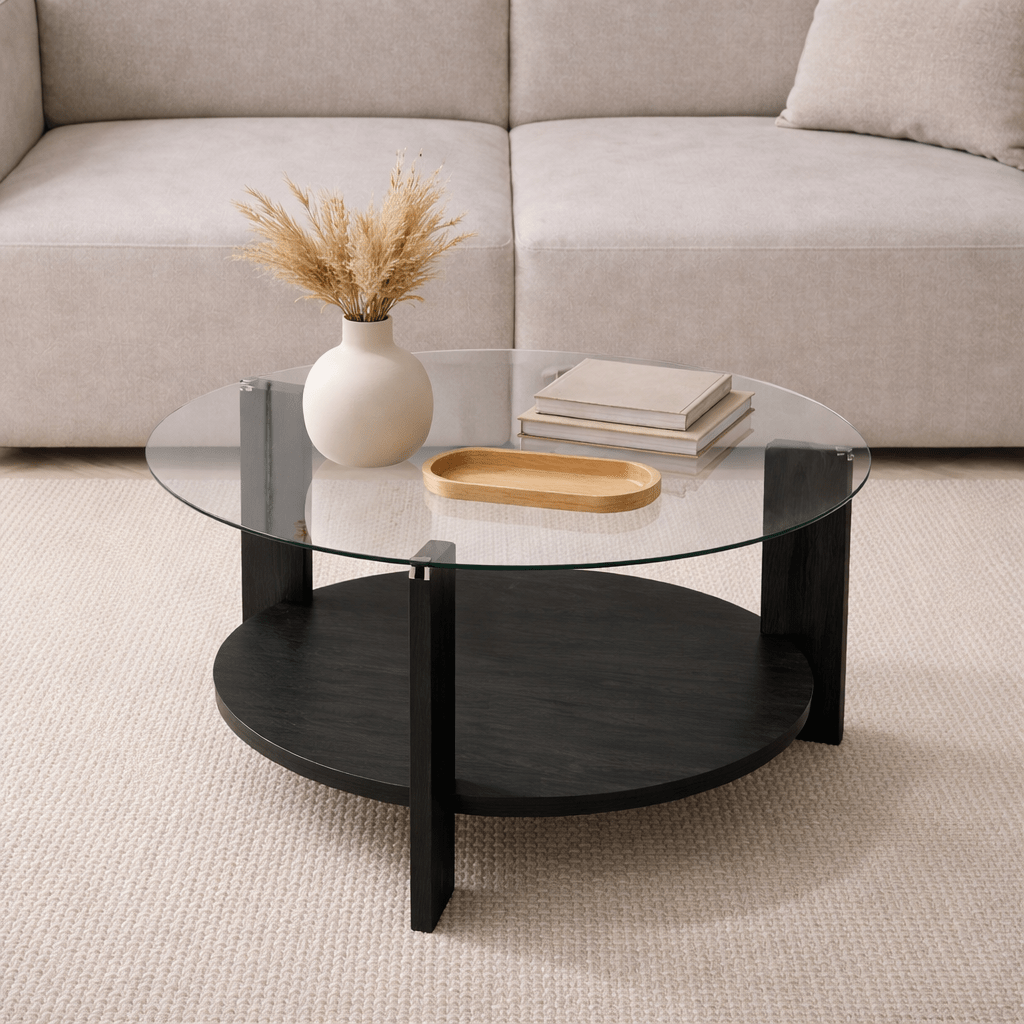 Runder Couchtisch aus schwarzem Melamin und transparentem Glas Ø75 cm - Kairo