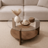 Salontafels - Ronde salontafel walnoot melamine transparant glas Ø75 cm - Cairo - Dimehouse