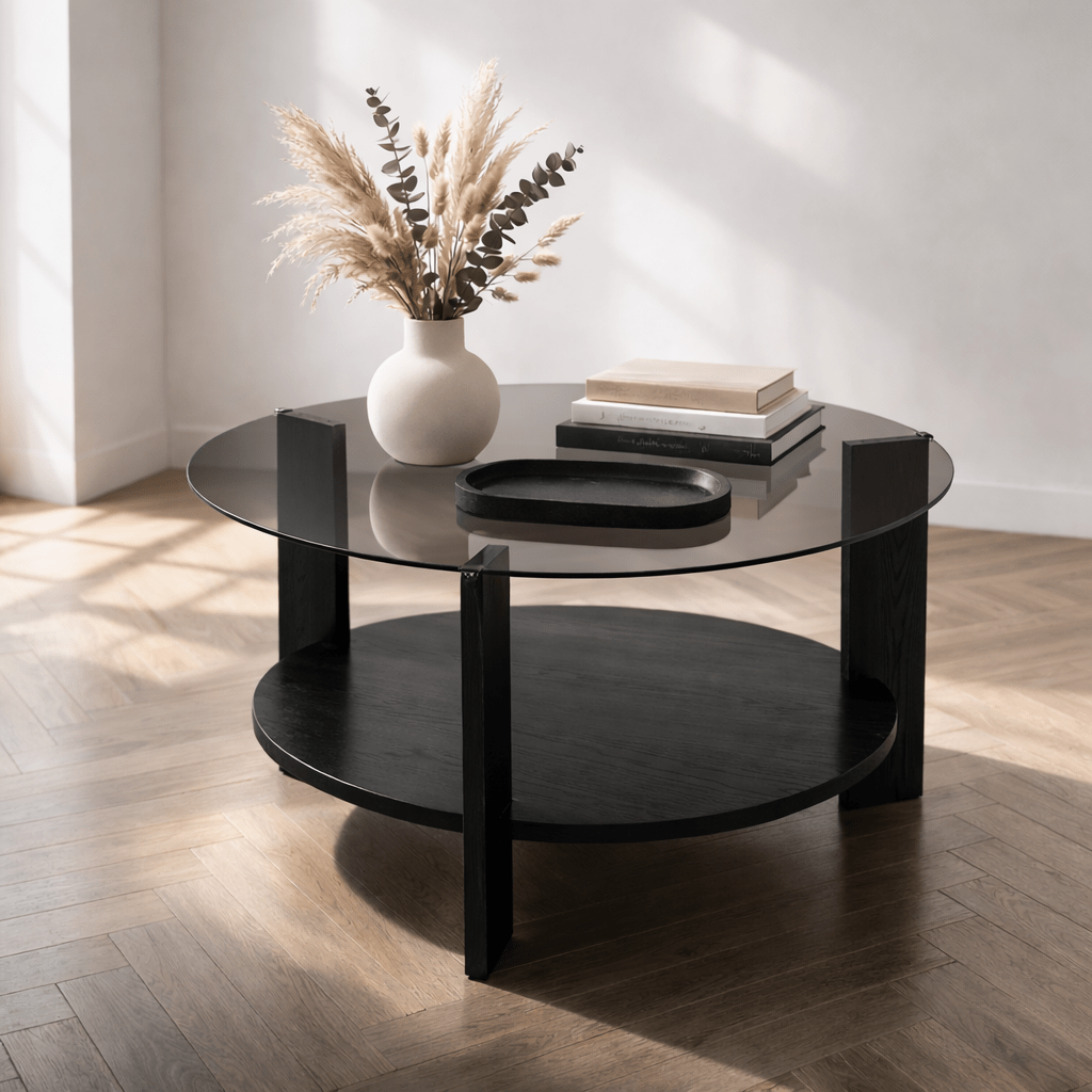 Runder Couchtisch aus schwarzem Melamin-Rauchglas Ø75 cm - Kairo
