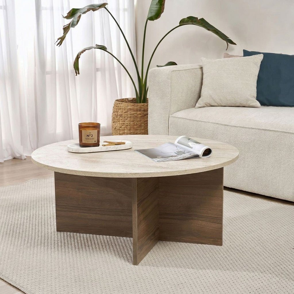 Runder Couchtisch Dakota aus Walnuss und Travertin, 90 x 90 x 40 cm – Dimehouse