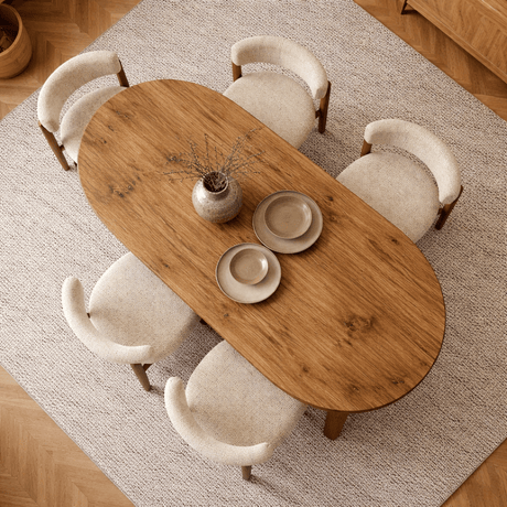 Ovaler Esstisch aus Kiefernholz, Melamin – Japandi – 200 x 89,5 x 75 cm – Sota