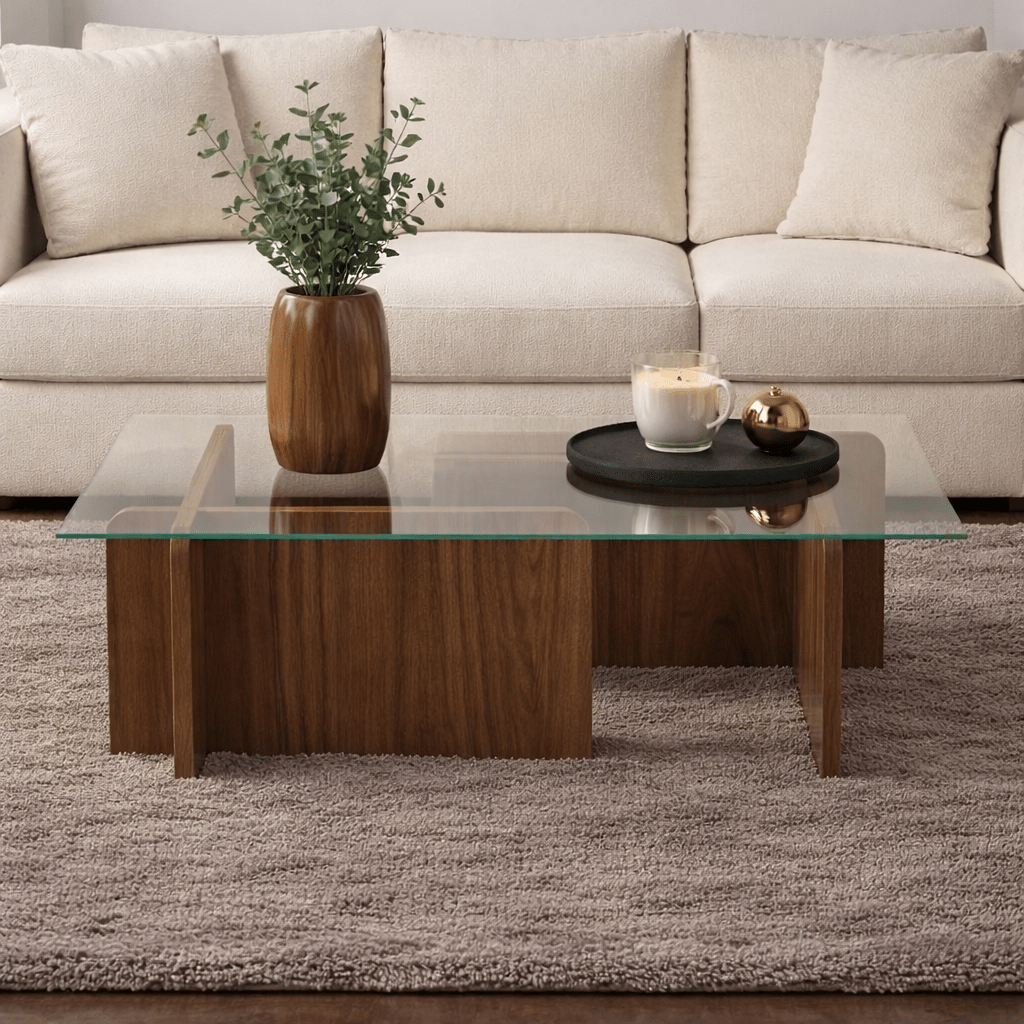Couchtisch Naturwalnuss Glas Opal 105x65x30 cm