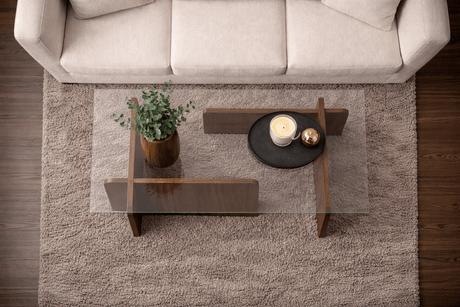 Couchtisch Naturwalnuss Glas Opal 105x65x30 cm