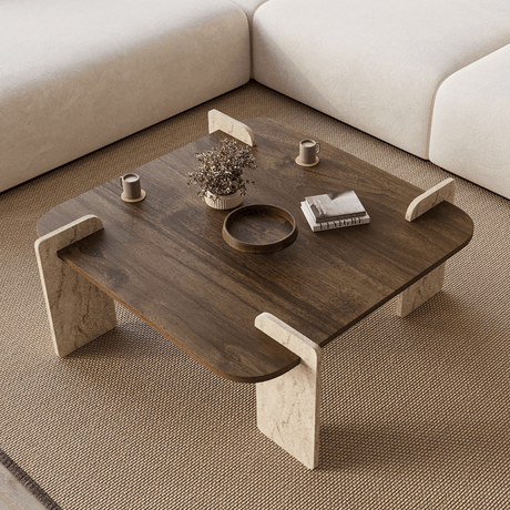 Salontafels - Japandi salontafel walnoot met travertin - melamine - 90 x 90 cm - Alfro - Dimehouse