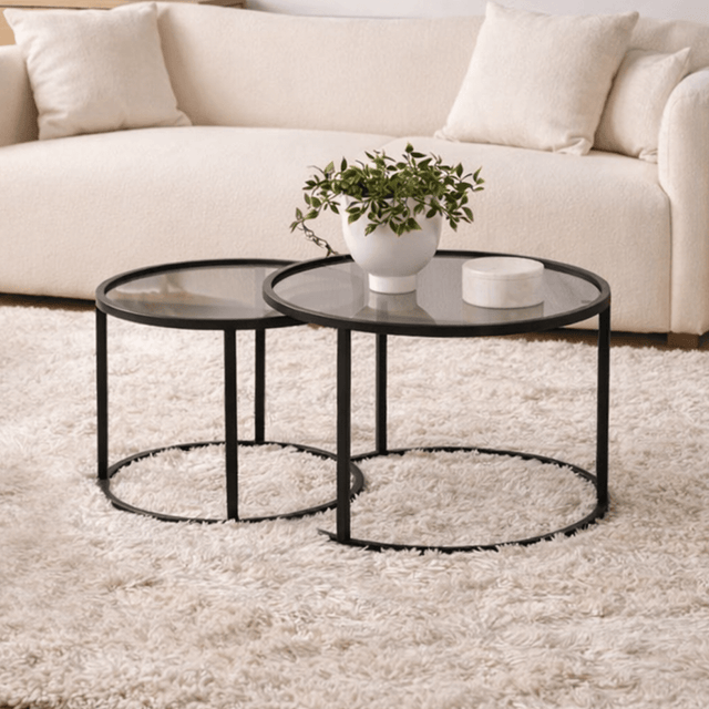 Couchtisch 2er-Set, rundes Glas – schwarzer Rahmen – 42 und 60 cm – Ba – Dimehouse