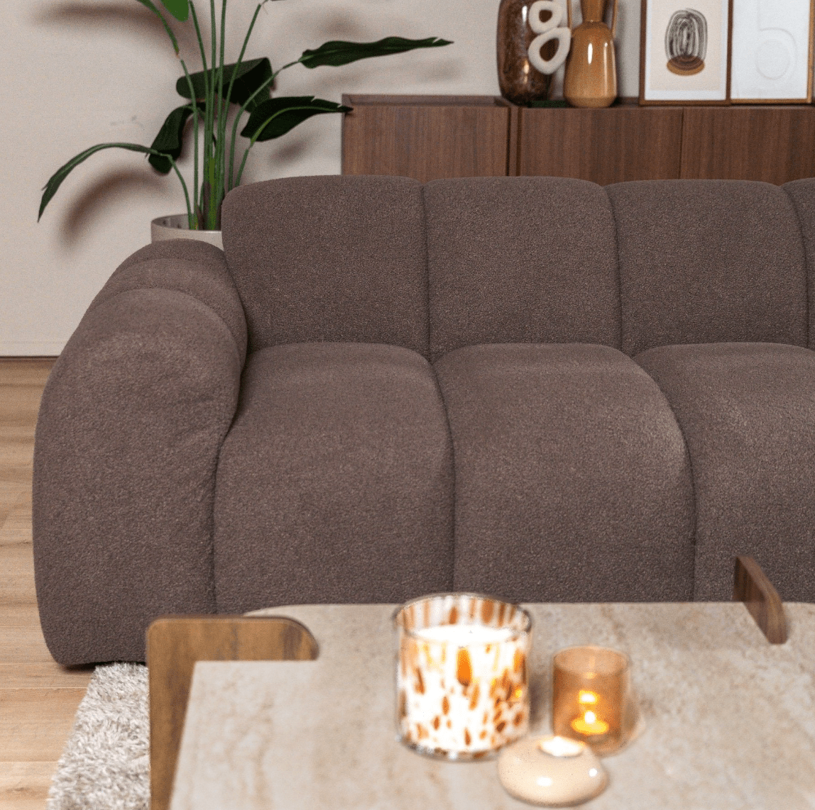 Banken-Ecksofa mit Lounge-Softbraun Bouclé Stoff - Streifen - rechts - Brix -Dimehouse