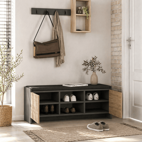 Schuhschrank aus Eiche mit anthrazitfarbenem Melamin – sechs Fächer – 110 x 43 x 37 cm – Zulla