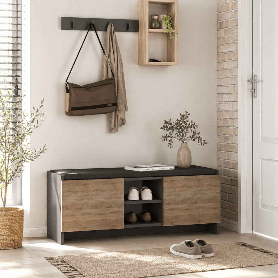 Schuhschrank aus Eiche mit anthrazitfarbenem Melamin – sechs Fächer – 110 x 43 x 37 cm – Zulla