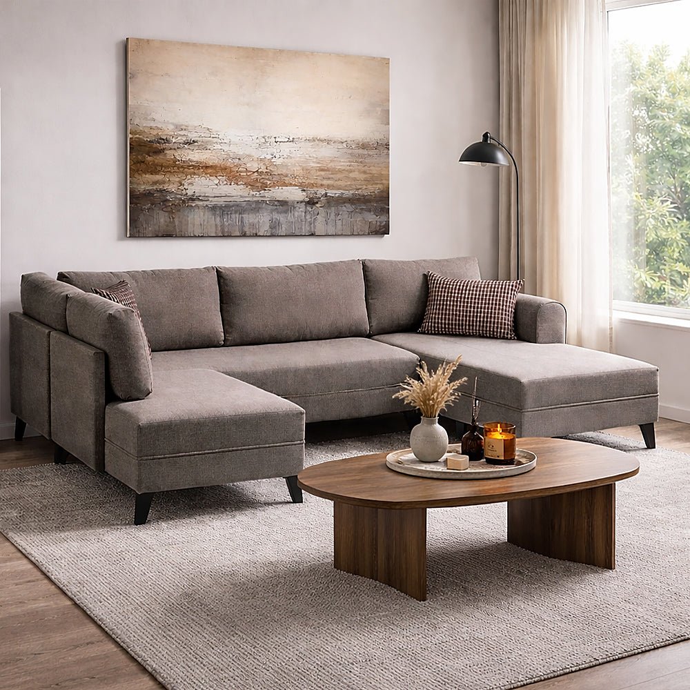 Schlafsofa Taupefarbener Stoff – U-Sofa – XXL 300 x 202 x 152 cm – Belen