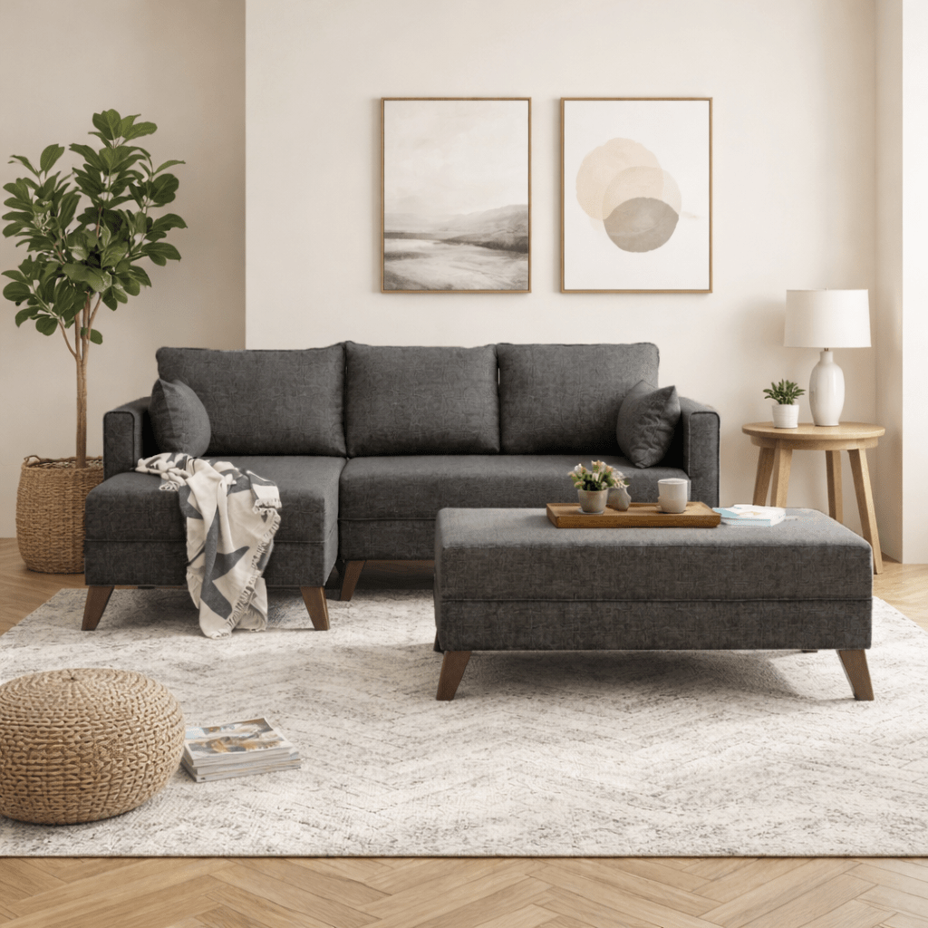 Schlafsofa aus anthrazitfarbenem Stoff - 2-Sitzer - inklusive Hocker - linksseitig - Bella