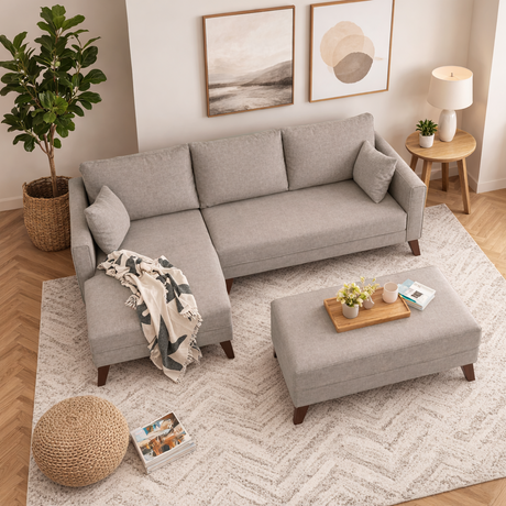 Schlafsofa aus champagnerfarbenem Stoff - 2-Sitzer - inklusive Hocker - linksseitig - Bella