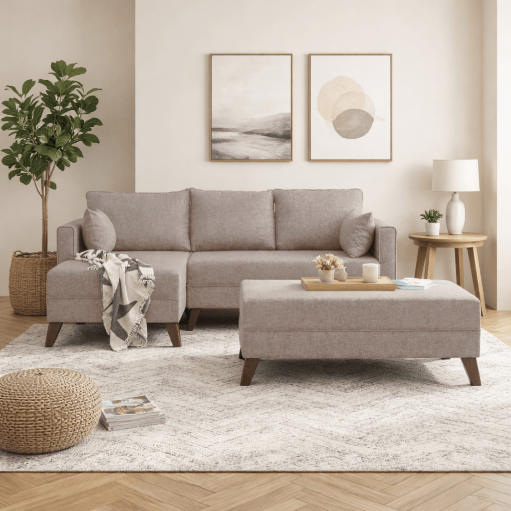 Schlafsofa aus champagnerfarbenem Stoff - 2-Sitzer - inklusive Hocker - linksseitig - Bella