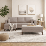 Schlafsofa aus champagnerfarbenem Stoff - 2-Sitzer - inklusive Hocker - linksseitig - Bella