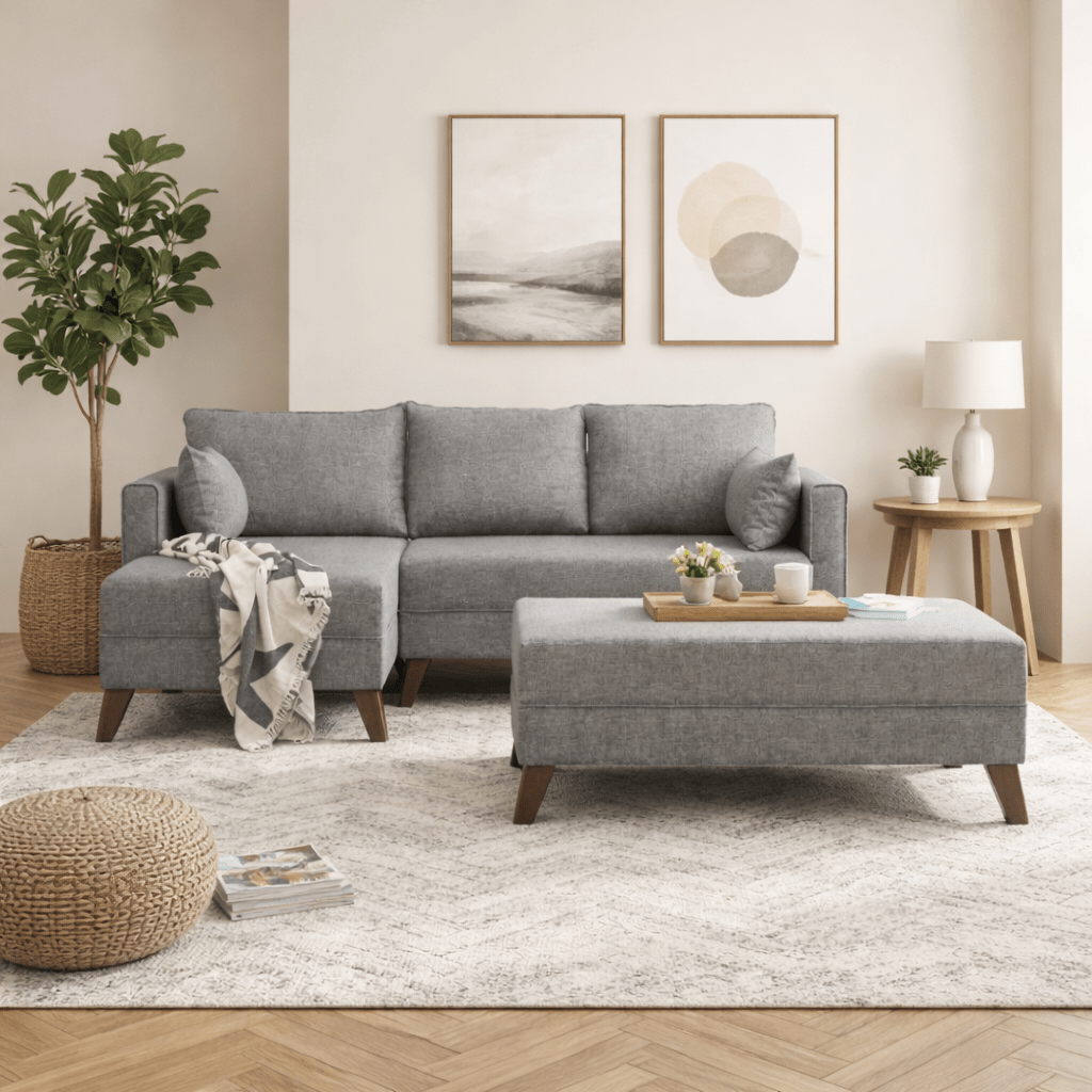 Schlafsofa aus grauem Stoff - 2-Sitzer - inklusive Hocker - linksseitig - Bella