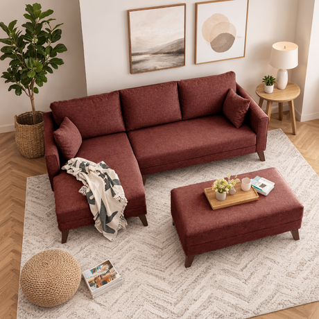 Schlafsofa aus rotem Stoff - 2-Sitzer - inklusive Hocker - linksseitig - Bella