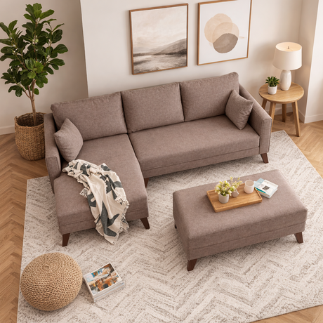 Schlafsofa aus taupefarbenem Stoff - 2-Sitzer - inklusive Hocker - linksseitig - Bella