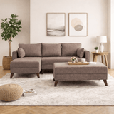 Schlafsofa taupefarbener Stoff – Ecksofa inklusive Hocker – Links – Bella
