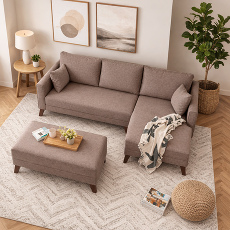 Schlafsofa aus taupefarbenem Stoff - 2-Sitzer - inklusive Hocker - rechtsseitig - Bella