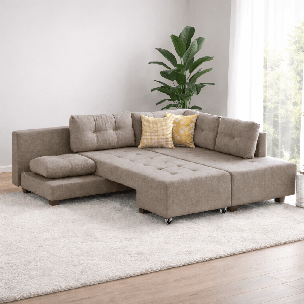 Schlafsofa taupefarbener Stoff – XL 280 × 206 cm – mit Rollen – Rechts – Manama
