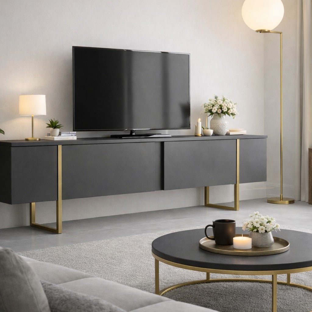 tv aufbewahrung TV-Möbel Luxus Anthrazit Gold Melamin 180x50x30 cm – Dimehouse