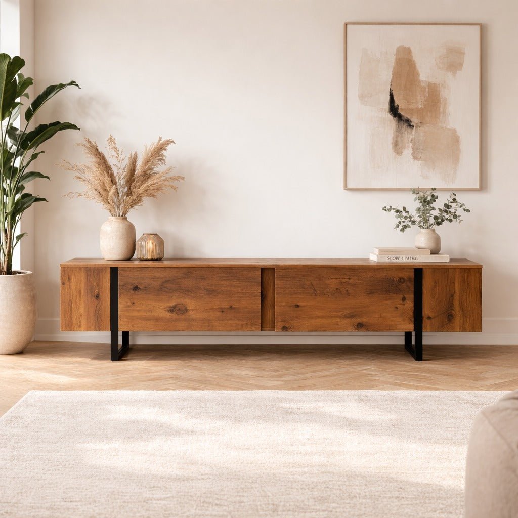 TV Möbel Natur Melamin Schwarz Rahmen Blitz 50x180x29,5 cm 