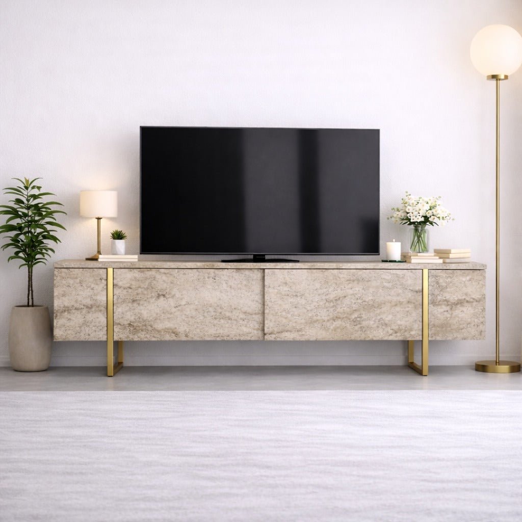 TV Meubels - TV Meubel Travertin Luxe 180x50x30 - Gouden Frame - Dimehouse