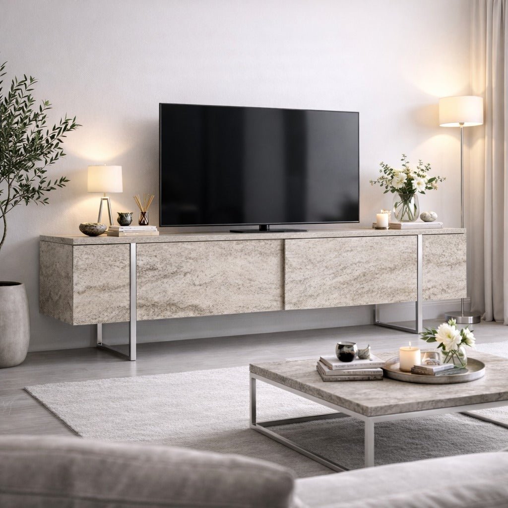 TV-Möbel Travertin Luxus 180x50x30 - Silberner Rahmen