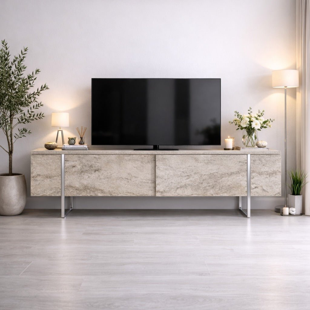 TV-Möbel Travertin Luxus 180x50x30 - Silberner Rahmen