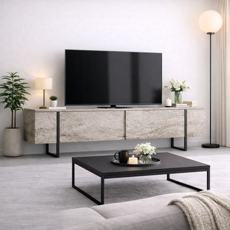 TV Meubels - TV Meubel Travertin Luxe 180x50x30 - Zwart Frame - Dimehouse