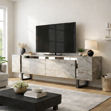 TV Meubels - TV Meubel Travertin Yildiz 180x50x30 - Zilver Frame - Dimehouse